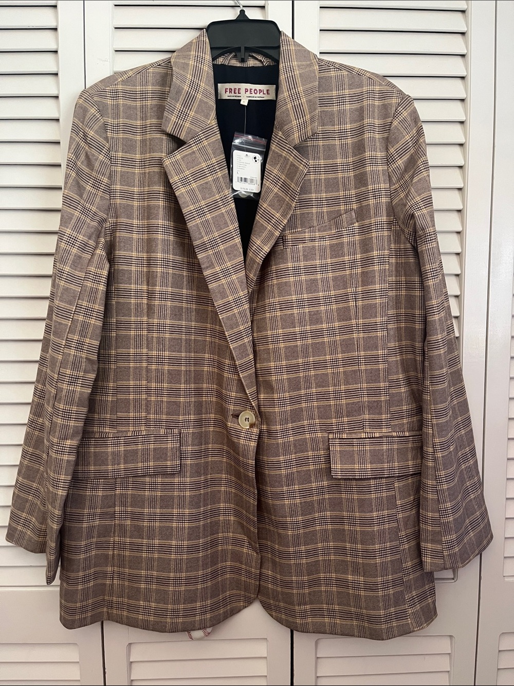 Free People Brown and Cream Plaid Single-Button Blazer